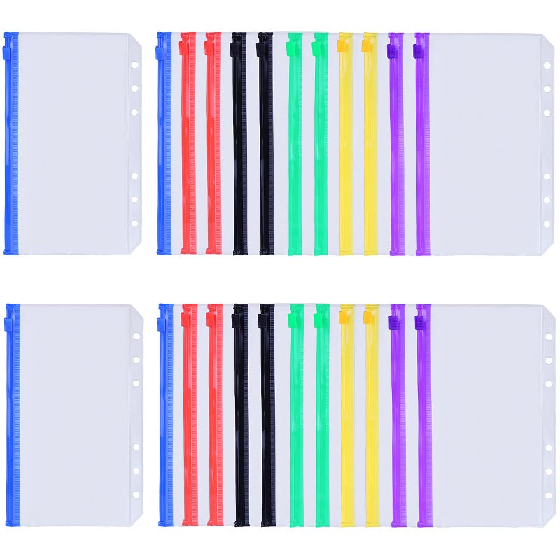 Antner 24PCS A6 Binder Pockets 6 Hole Budget Cash Envelopes for Cash Budgeting, Multicolor Zipper Money Organizer Envelopes for A6 Budget Binder Planner, Waterproof PVC Loose Leaf Bags Document Pouch - Image 1